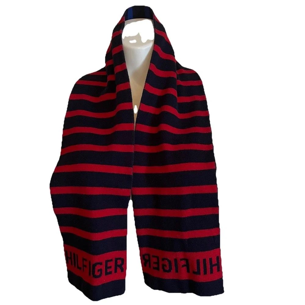 Tommy Hilfiger Men's Cotton Scarf Blue/Red‎ Stripe Logo Preppy Casual